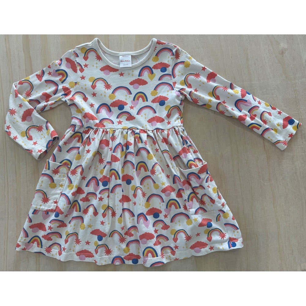 Hanna Andersson Kids SZ 4 Rainbow Cloud Star Long Sleeve Pocket Dress 100 Cotton